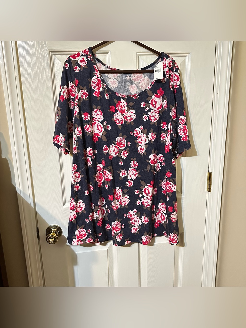 Lane Bryant Navy Scoop Neck Tunic with Pink Rose Floral Print